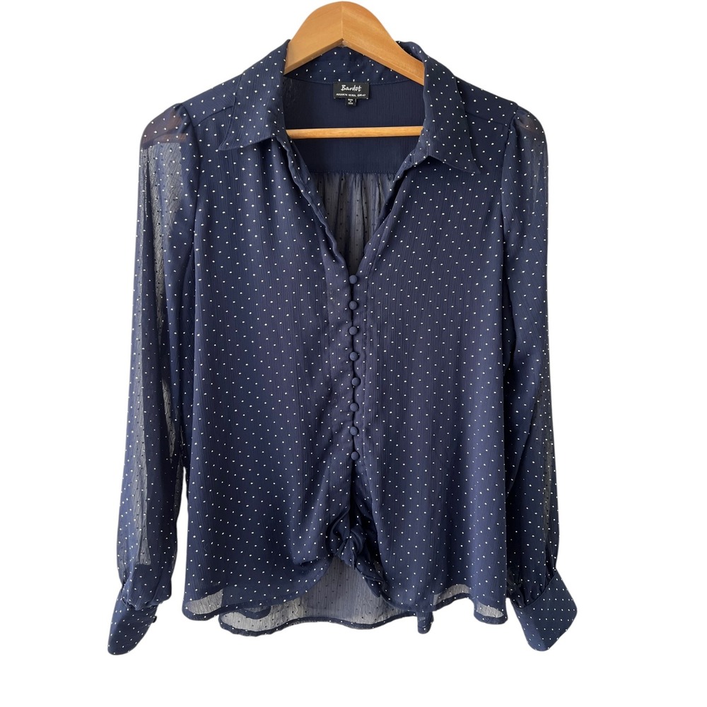 Bardot Navy Blue Polka Dot Sheer Tie Front Button Up Blouse Womens Size 10 L